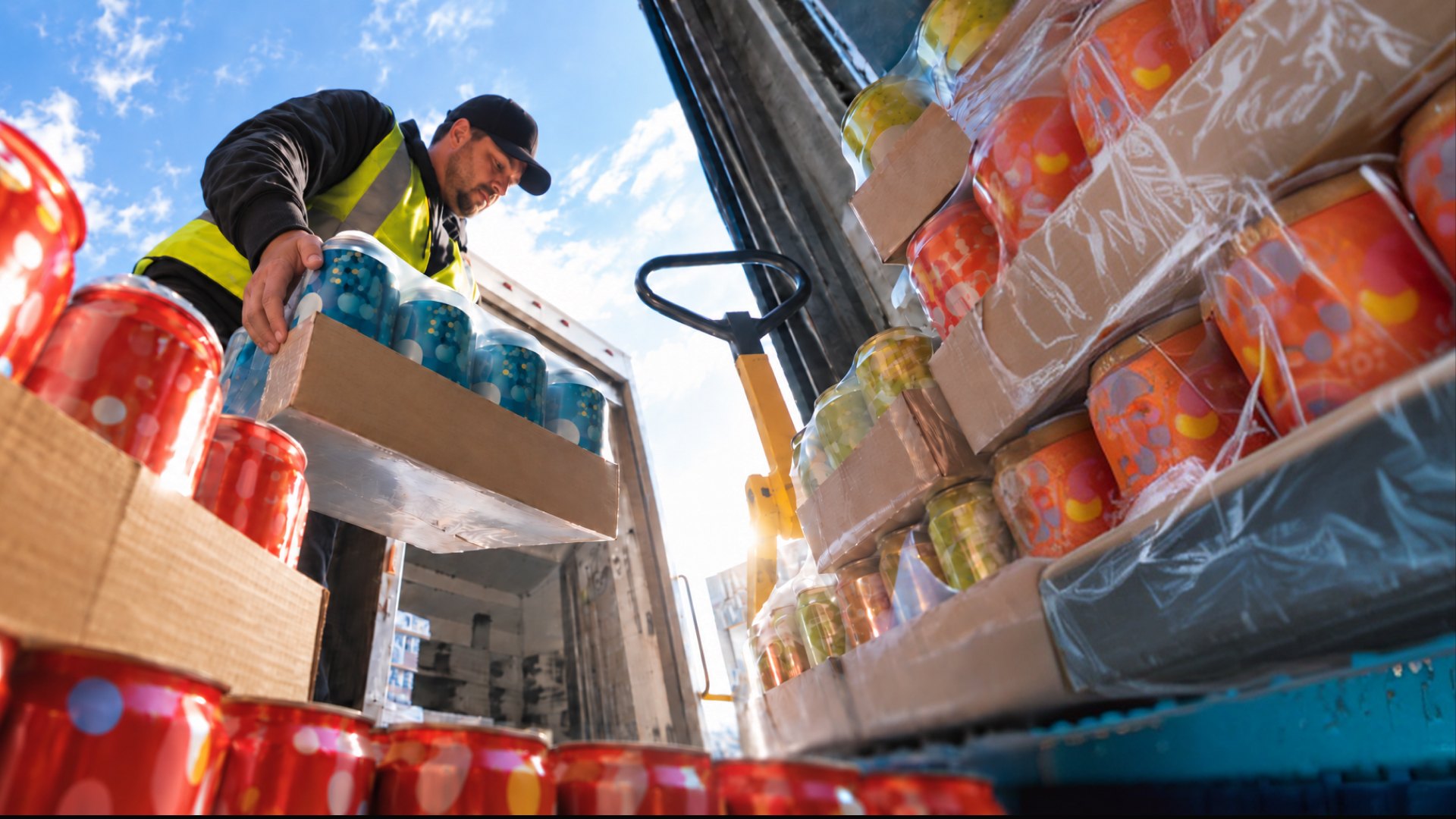 A worker loading crates of drinks from a pallet